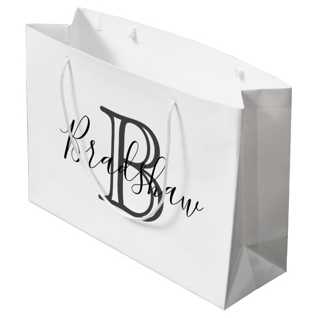 Eleganter Black Silver Monogram Individuelle Name  Große Geschenktüte (Rückseite Schrägansicht)