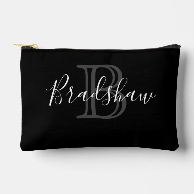 Eleganter Black Silver Monogram Individuelle Name Zubehörtasche (Vorderseite)