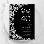 Eleganter Black Silver Rose Überraschung 40. Gebur Einladung<br><div class="desc">Schwarz-Silber-Blumenüberraschung 40. Geburtstag Party Einladung. Elegantes Design mit Rose,  Imitaten silberne Folie und Typografie Script Schriftart. Die trendige Einladungskarte eignet sich perfekt für eine stilvolle Damenfeier. Kann für jedes Alter angepasst werden. Gedruckte Zazzle-Einladungen oder Sofortdownload digitaler Druckvorlage.</div>