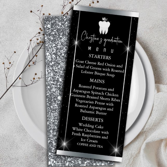 Eleganter Black Silver Sparkle Dental Abschluss Menükarte ("Elegant Black Silver Sparkle Dental Graduation Menu" dinner party)