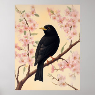 Eleganter Blackbird im Blütenrausch Poster