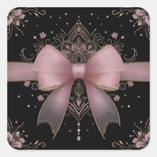 Eleganter, blassrosa Bow mit indischem Blumendesig Quadratischer Aufkleber (Vorderseite)