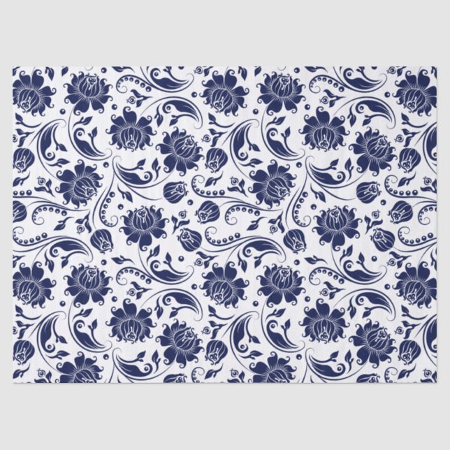 Eleganter blau-blauer Damaskus weißer Hintergrund Seidenpapier (Vorderseite)