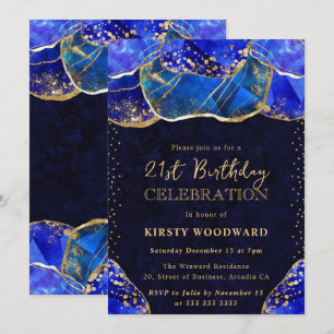 Eleganter Blau Gold Kristall Stein 21. Geburtstag Einladung