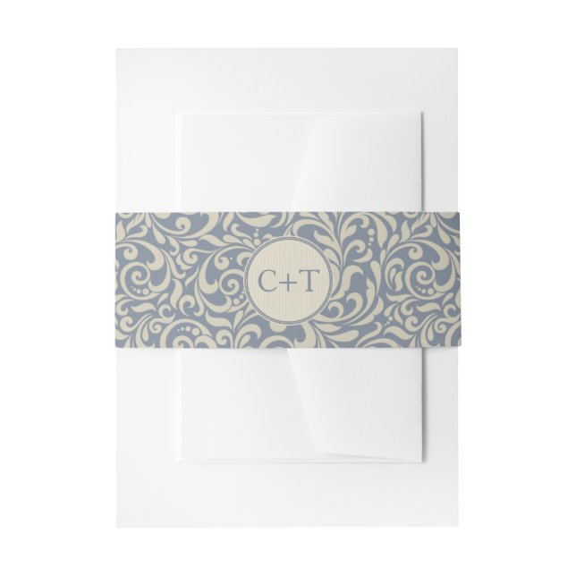 Eleganter Blau- und Beige Damask mit Initialen Einladungsbanderole (Vorderseite Beispiel)