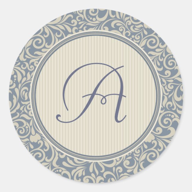 Eleganter Blau- und Beige Damaske mit Monogramm Runder Aufkleber (Vorderseite)