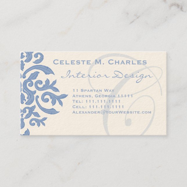 Eleganter Blau- und Cream Damask Letter C Visitenkarte (Vorderseite)