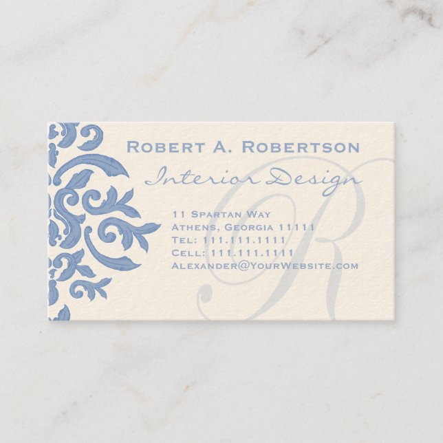 Eleganter Blau- und Cream Damask Letter R Visitenkarte (Vorderseite)