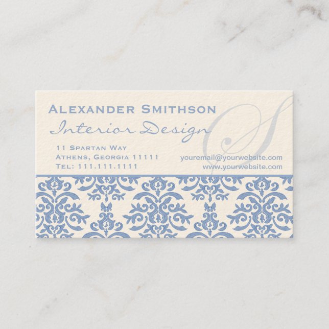 Eleganter Blau- und Cream Damask Letter S Visitenkarte (Vorderseite)