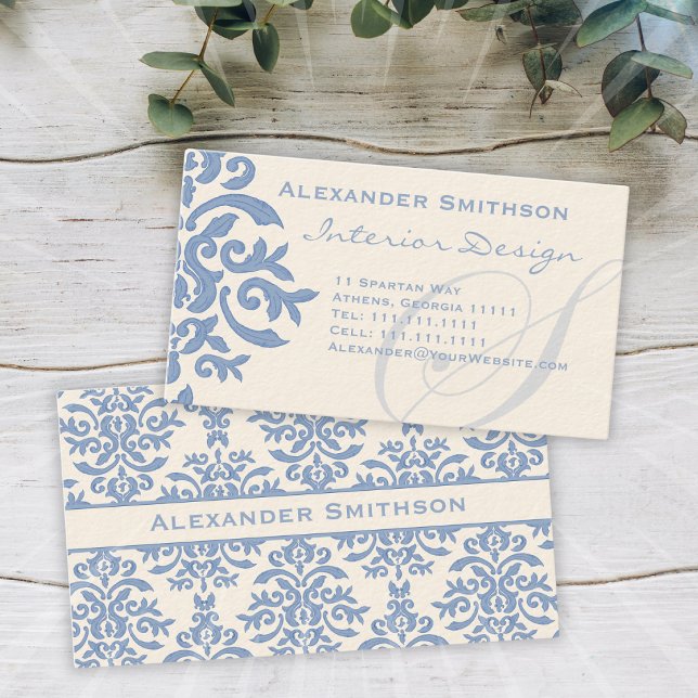 Eleganter Blau- und Cream Damask Letter S Visitenkarte (Von Creator hochgeladen)