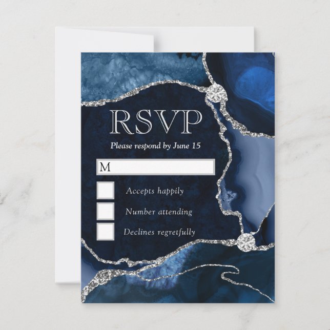 Eleganter Blau- und Silberner Glitzer RSVP Karte (Vorderseite)