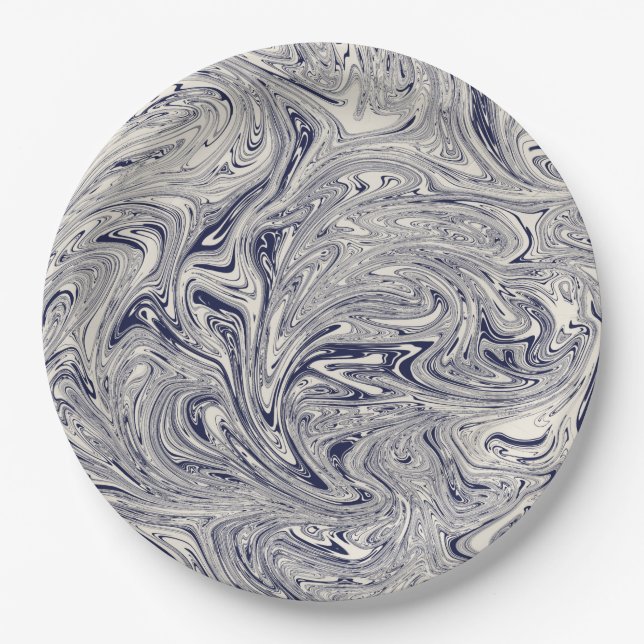 Eleganter blau-weißer Marmorwirl Pappteller (Vorderseite)