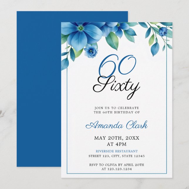 Eleganter blauer Aquarellrahmen 60. Geburtstag Einladung (Vorne/Hinten)