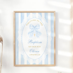 Eleganter blauer Bogen Junge Taufe Willkommen Poster