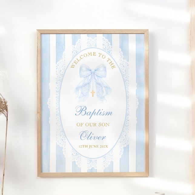 Eleganter blauer Bogen Junge Taufe Willkommen Poster (Von Creator hochgeladen)