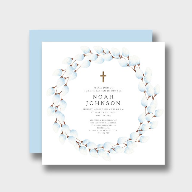 Eleganter Blauer Botanischer Religiöser Taufe Einladung (Elegant Blue Botanical Religious Boy Baptism Invitation)