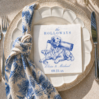 Eleganter blauer Chinoiserie Golden Retriever Hoch Serviette