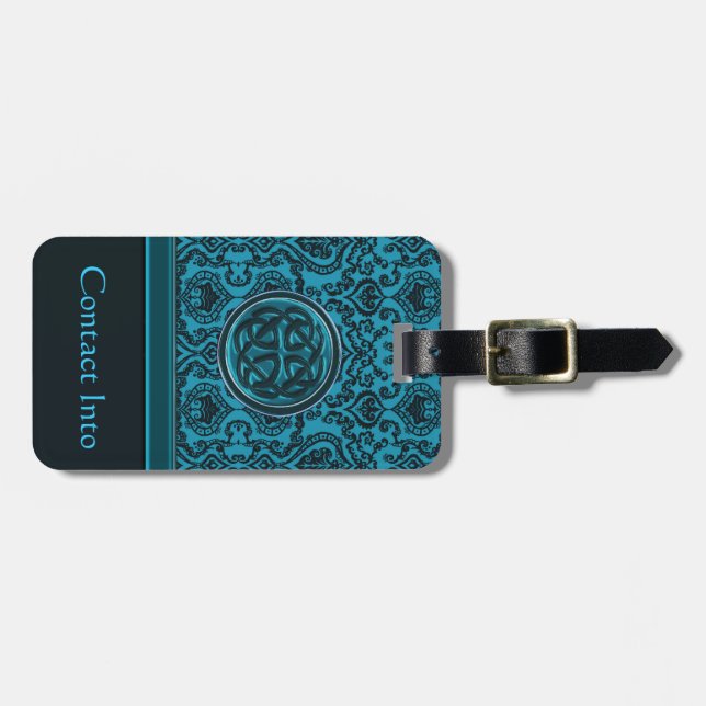 Eleganter blauer Damast und keltischer Knoten Gepäckanhänger (Vorderseite horizontal)