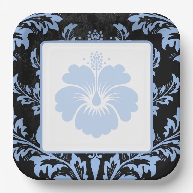 Eleganter blauer Damast Weihnachtskundenpapier Tel Pappteller (Vorderseite)