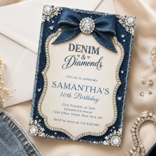 Eleganter blauer Denim- und Diamant-Geburtstag Einladung