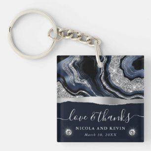 Eleganter Blauer Foil und Silberner Glitzer Agate Schlüsselanhänger