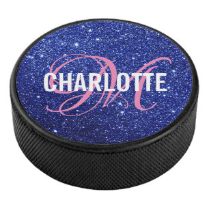 Eleganter blauer Glitzer-Monogramm-Hockeypuck Eishockey Puck