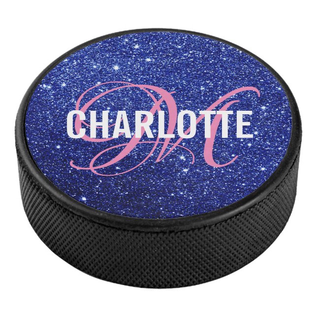 Eleganter blauer Glitzer-Monogramm-Hockeypuck Eishockey Puck (3/4)