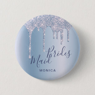 Eleganter blauer Glitzer Tropfen Braut Button