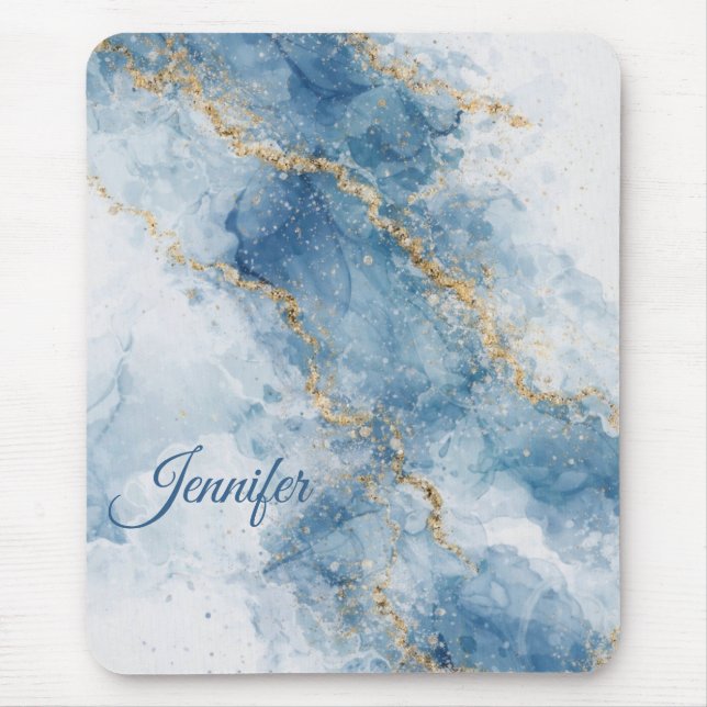 Eleganter blauer Gold-Glitter-Abstrakt-Flow Mousepad (Vorne)