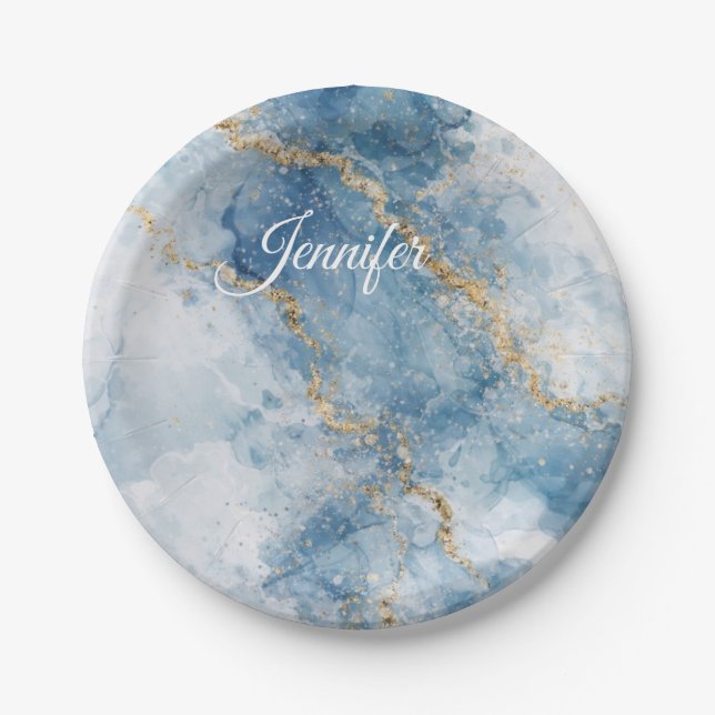 Eleganter blauer Gold-Glitter-Abstrakt-Flow        Pappteller (Vorderseite)