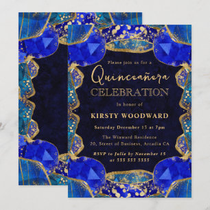 Eleganter blauer Goldkristallrahmen Quinceanera Einladung