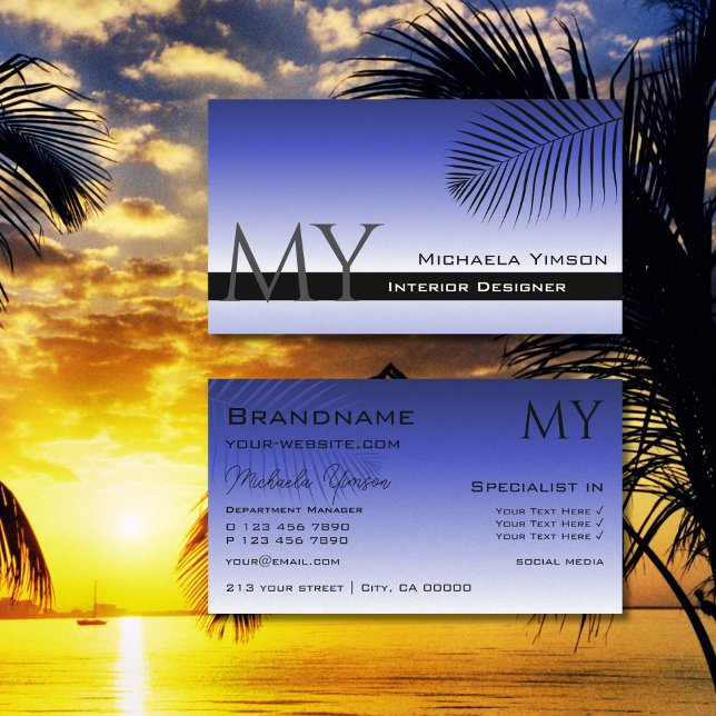 Eleganter Blauer Gradient und Palmblätterblatt mit Visitenkarte (Von Creator hochgeladen)