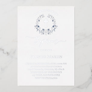 eleganter blauer Kranz Taufe Silber Folieneinladung