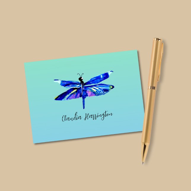 Eleganter Blauer Libelle Handgemalte Wasserfarbe (On these unique dragonfly note card, the insect appears against a background of blue and aqua.)