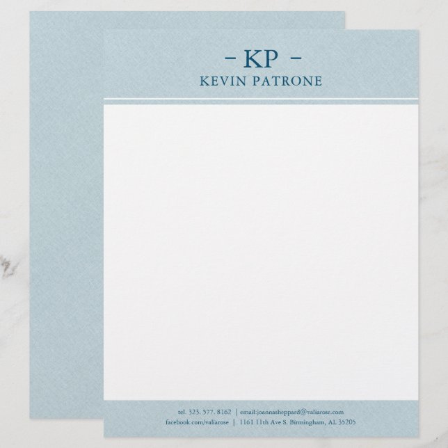 Eleganter, blauer Linen Minimalistischer Text Briefbogen (Vorne/Hinten)