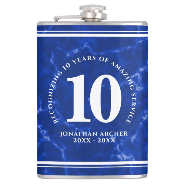 Eleganter blauer Marmor 10 Jahre Arbeit Jubiläum Flachmann (Vorderseite)