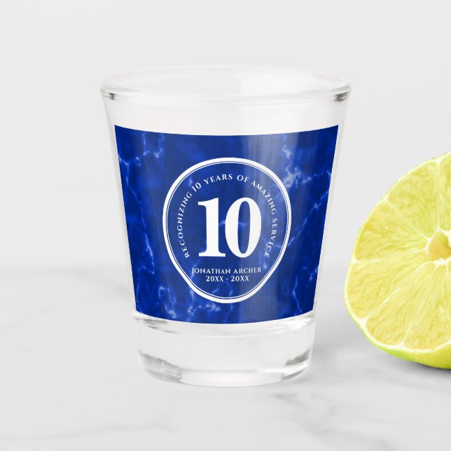 Eleganter blauer Marmor 10 Jahre Arbeit Jubiläum Schnapsglas (Vorderseite)
