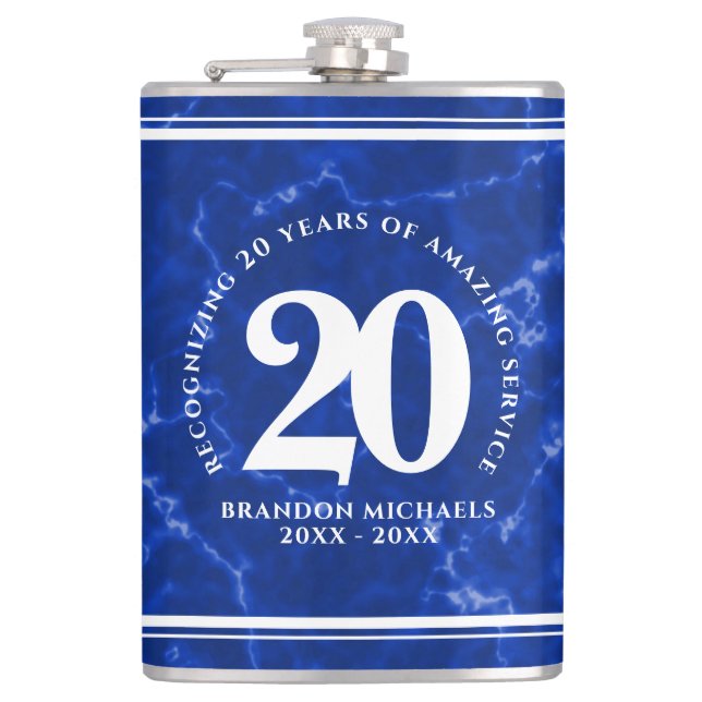 Eleganter blauer Marmor 20 Jahre Arbeit Jubiläum Flachmann (Vorderseite)