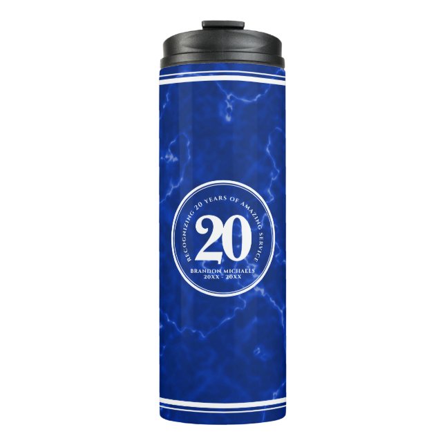 Eleganter blauer Marmor 20 Jahre Arbeit Jubiläum Thermosbecher (Vorderseite)