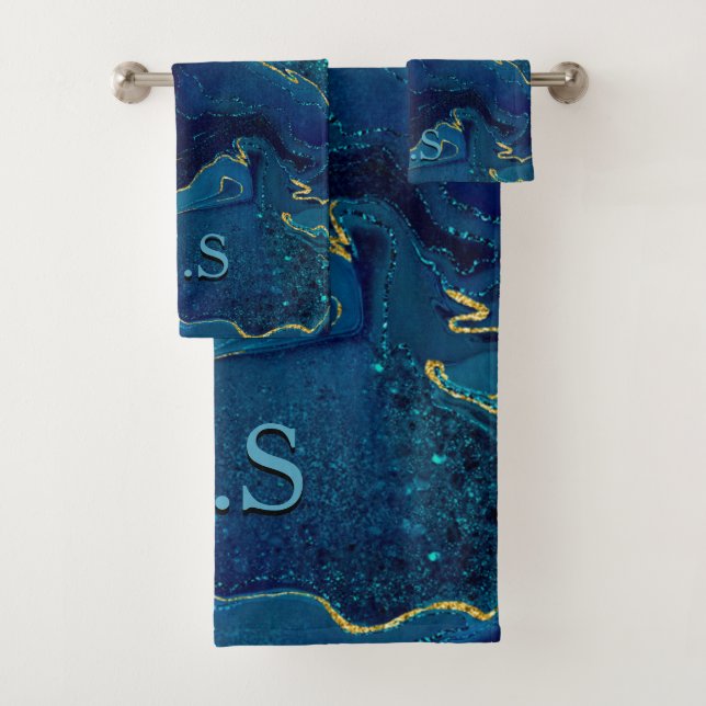 Eleganter blauer Marmor Imitat Gold Glitzer Badhandtuch Set (Insitu)