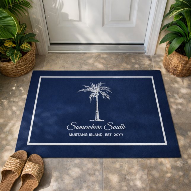 Eleganter Blauer Palmenbaum Personalisiert Fußmatte (Elegant Blue White Palm Tree Personalized Doormat)