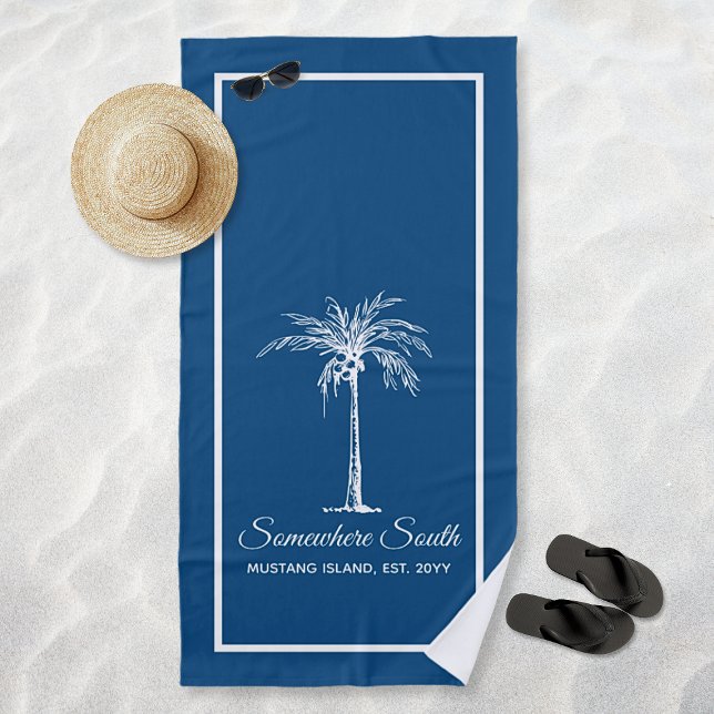 Eleganter Blauer Palmenbaum Personalisiert Strandtuch (Elegant Blue White Palm Tree Personalized Beach Towel)