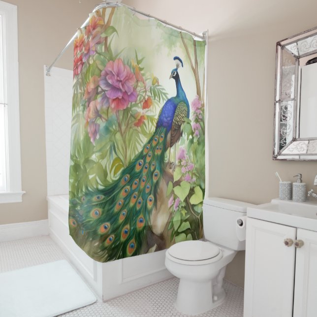 Eleganter Blauer Pfau Rosa Blume Wald Duschvorhang (Beispiel)