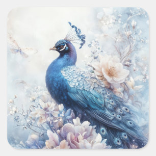 Eleganter blauer Pfau sitzt in einem ätherischen G Quadratischer Aufkleber