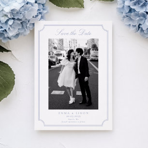 Eleganter blauer Rahmen Foto Save-the-Date-Karte Dankeskarte