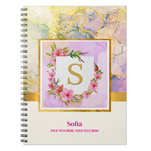 Eleganter blauer rosa Flüssig-Marmor-Gold-Monogram Notizblock