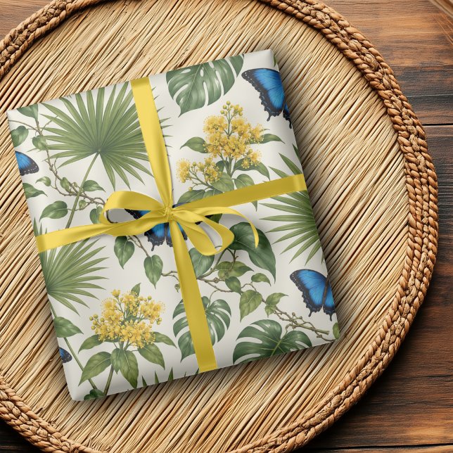 Eleganter blauer Schmetterlings-Botanik-Wrap Geschenkpapier (Von Creator hochgeladen)