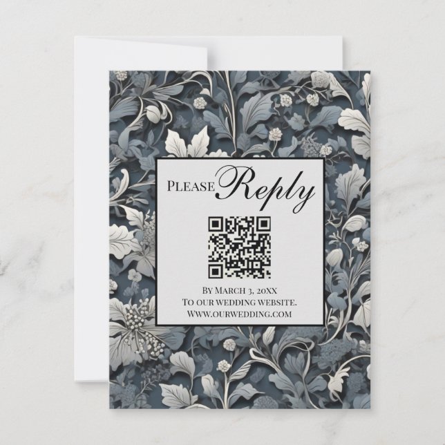 Eleganter, blauer Silbergrauer QR-Code RSVP Karte (Vorderseite)