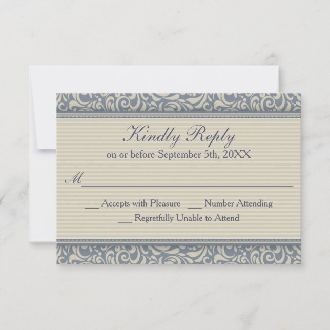Eleganter blauer und beiger Barockstil RSVP Karte (Vorderseite)
