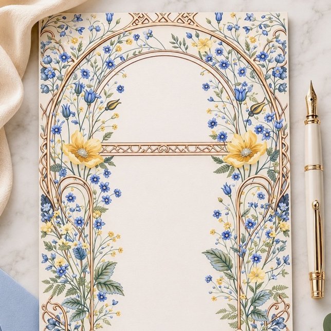 Eleganter blauer und gelber Blumenbogen Briefpapier (Von Creator hochgeladen)